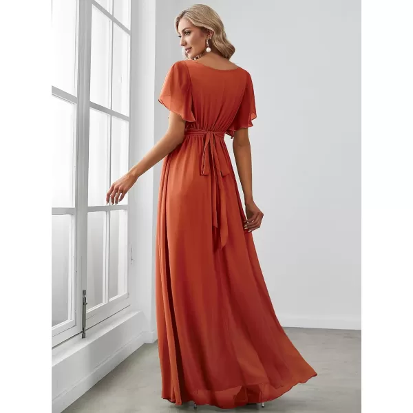 imageEverPretty Womens Bridesmaid Dress VNeck Ruffle Sleeves Ruched Bust Floor Length Chiffon Formal Dresses 0164ABurnt Orange