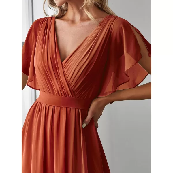 imageEverPretty Womens Bridesmaid Dress VNeck Ruffle Sleeves Ruched Bust Floor Length Chiffon Formal Dresses 0164ABurnt Orange