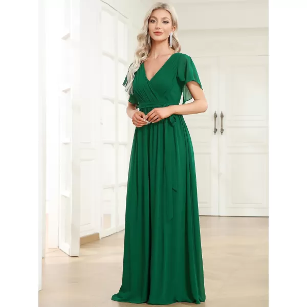 imageEverPretty Womens Bridesmaid Dress VNeck Ruffle Sleeves Ruched Bust Floor Length Chiffon Formal Dresses 0164ADark Green