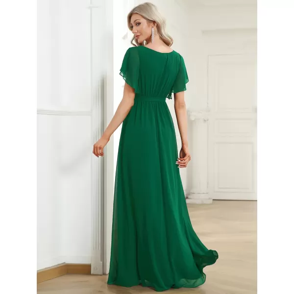 imageEverPretty Womens Bridesmaid Dress VNeck Ruffle Sleeves Ruched Bust Floor Length Chiffon Formal Dresses 0164ADark Green