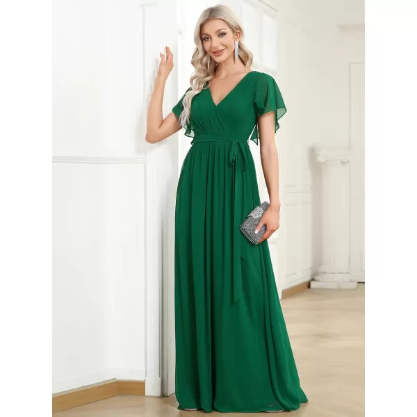 imageEverPretty Womens Bridesmaid Dress VNeck Ruffle Sleeves Ruched Bust Floor Length Chiffon Formal Dresses 0164ADark Green