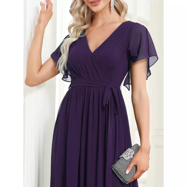 imageEverPretty Womens Bridesmaid Dress VNeck Ruffle Sleeves Ruched Bust Floor Length Chiffon Formal Dresses 0164ADark Purple