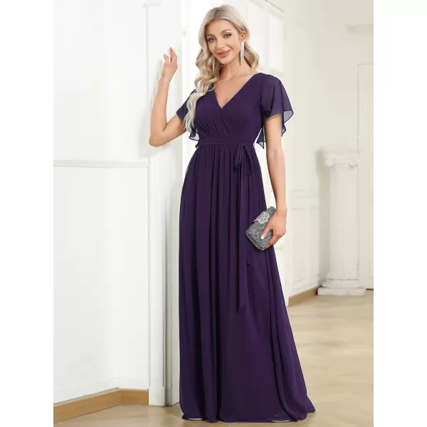 imageEverPretty Womens Bridesmaid Dress VNeck Ruffle Sleeves Ruched Bust Floor Length Chiffon Formal Dresses 0164ADark Purple