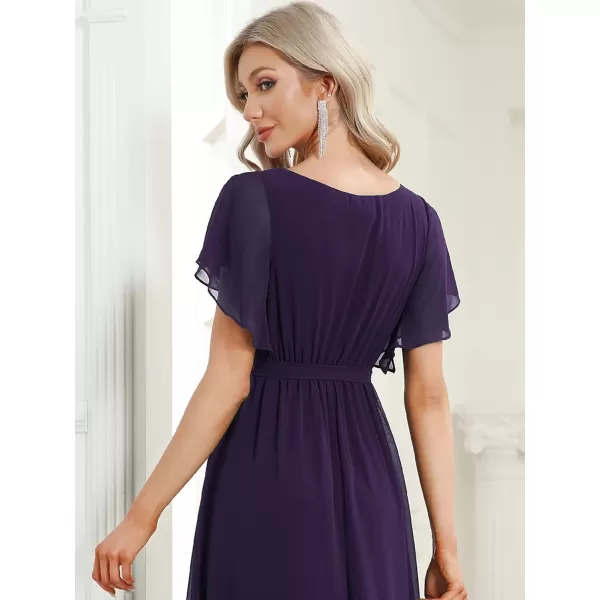 imageEverPretty Womens Bridesmaid Dress VNeck Ruffle Sleeves Ruched Bust Floor Length Chiffon Formal Dresses 0164ADark Purple