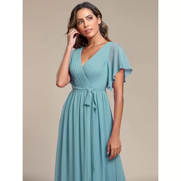 imageEverPretty Womens Bridesmaid Dress VNeck Ruffle Sleeves Ruched Bust Floor Length Chiffon Formal Dresses 0164ADusty Blue