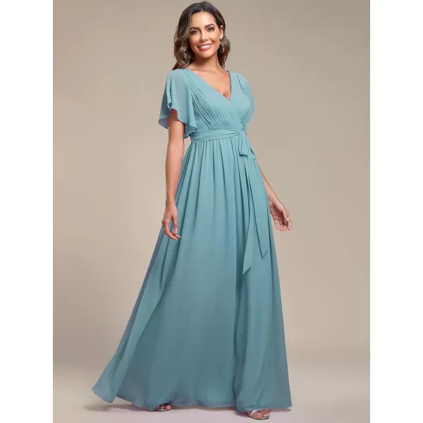 imageEverPretty Womens Bridesmaid Dress VNeck Ruffle Sleeves Ruched Bust Floor Length Chiffon Formal Dresses 0164ADusty Blue