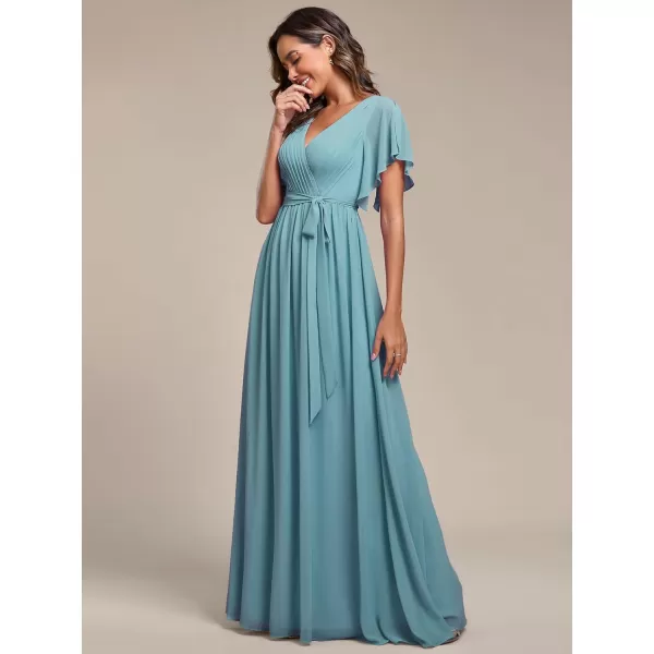 imageEverPretty Womens Bridesmaid Dress VNeck Ruffle Sleeves Ruched Bust Floor Length Chiffon Formal Dresses 0164ADusty Blue