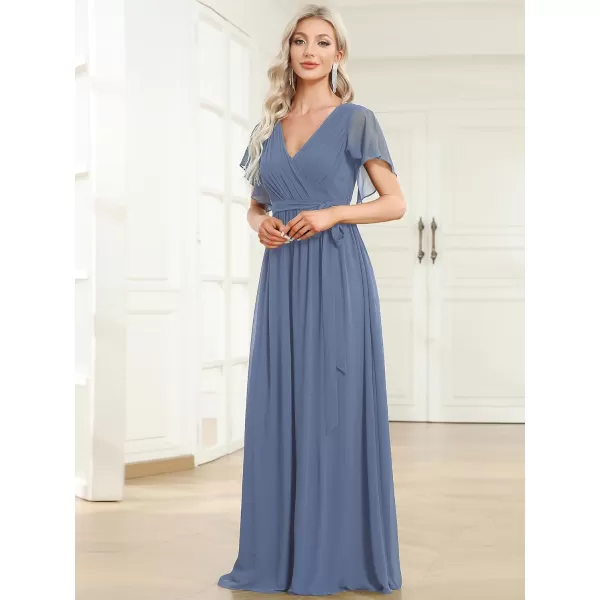 imageEverPretty Womens Bridesmaid Dress VNeck Ruffle Sleeves Ruched Bust Floor Length Chiffon Formal Dresses 0164ADusty Navy