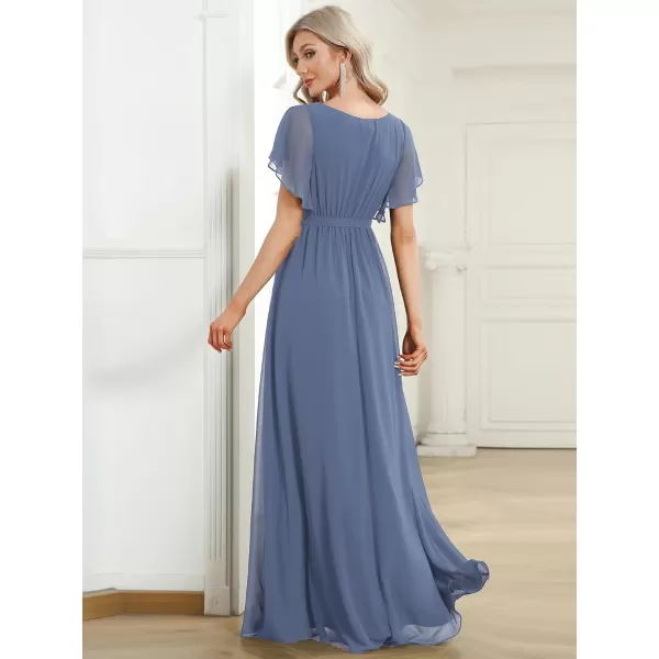 imageEverPretty Womens Bridesmaid Dress VNeck Ruffle Sleeves Ruched Bust Floor Length Chiffon Formal Dresses 0164ADusty Navy