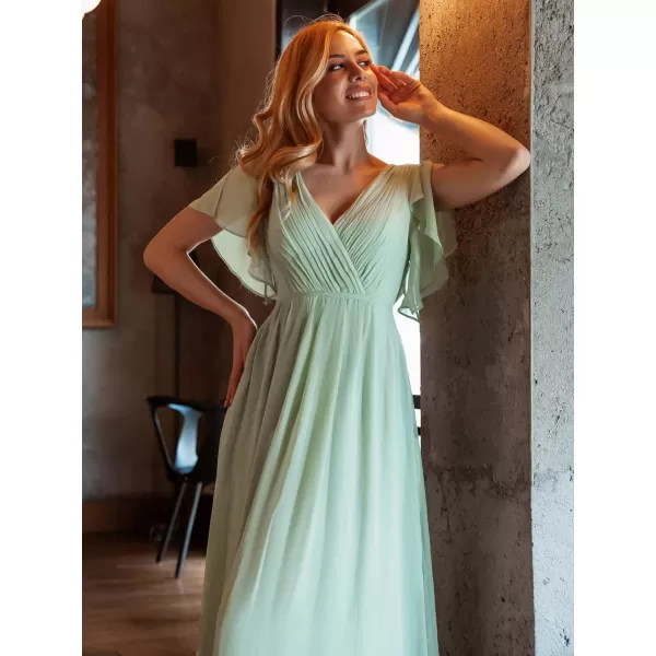 imageEverPretty Womens Bridesmaid Dress VNeck Ruffle Sleeves Ruched Bust Floor Length Chiffon Formal Dresses 0164AMint Green