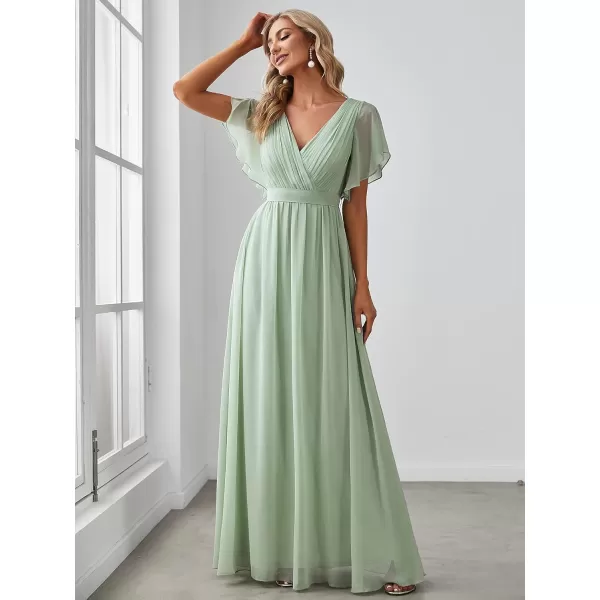 imageEverPretty Womens Bridesmaid Dress VNeck Ruffle Sleeves Ruched Bust Floor Length Chiffon Formal Dresses 0164AMint Green