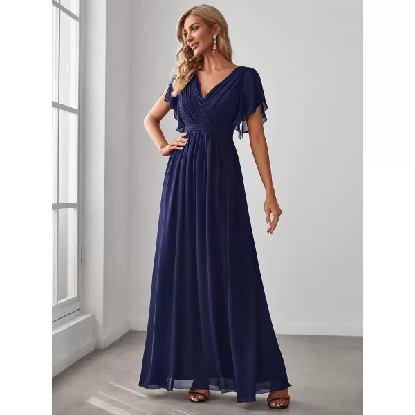 imageEverPretty Womens Bridesmaid Dress VNeck Ruffle Sleeves Ruched Bust Floor Length Chiffon Formal Dresses 0164ANavy Blue