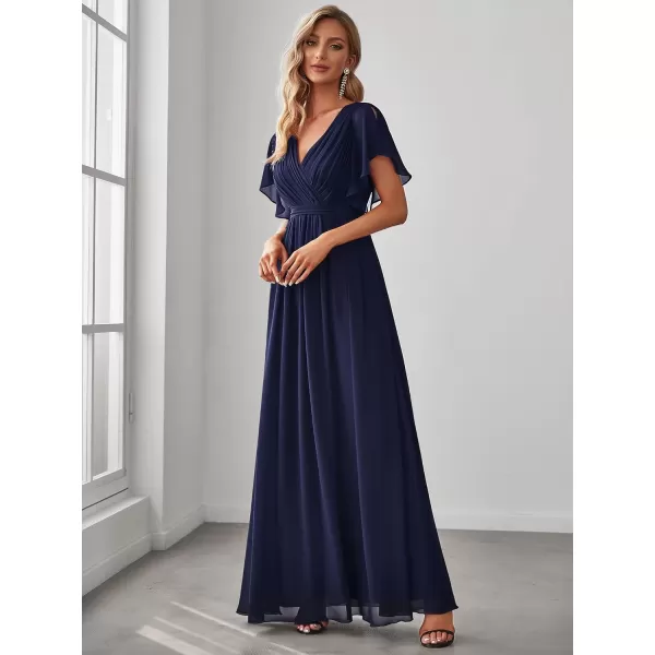 imageEverPretty Womens Bridesmaid Dress VNeck Ruffle Sleeves Ruched Bust Floor Length Chiffon Formal Dresses 0164ANavy Blue