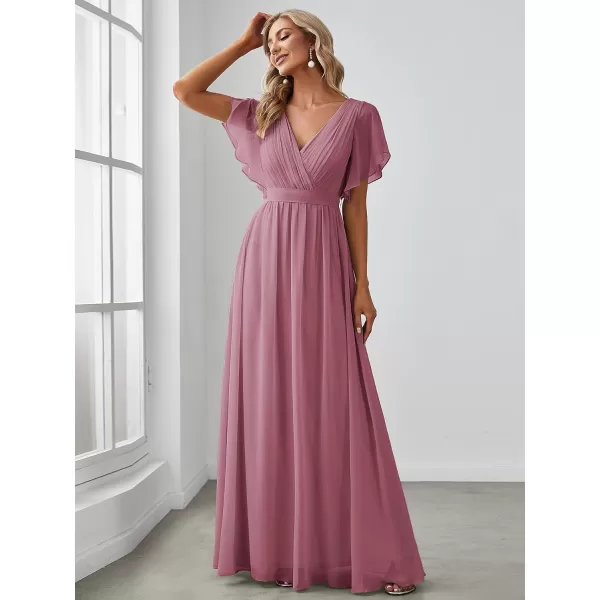 imageEverPretty Womens Bridesmaid Dress VNeck Ruffle Sleeves Ruched Bust Floor Length Chiffon Formal Dresses 0164AOrchid