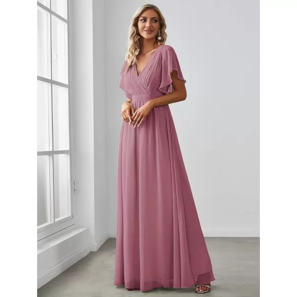 imageEverPretty Womens Bridesmaid Dress VNeck Ruffle Sleeves Ruched Bust Floor Length Chiffon Formal Dresses 0164AOrchid