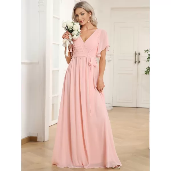 imageEverPretty Womens Bridesmaid Dress VNeck Ruffle Sleeves Ruched Bust Floor Length Chiffon Formal Dresses 0164APink