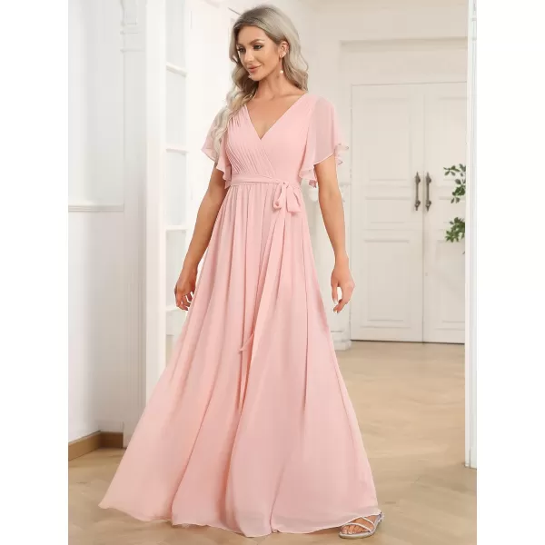 imageEverPretty Womens Bridesmaid Dress VNeck Ruffle Sleeves Ruched Bust Floor Length Chiffon Formal Dresses 0164APink