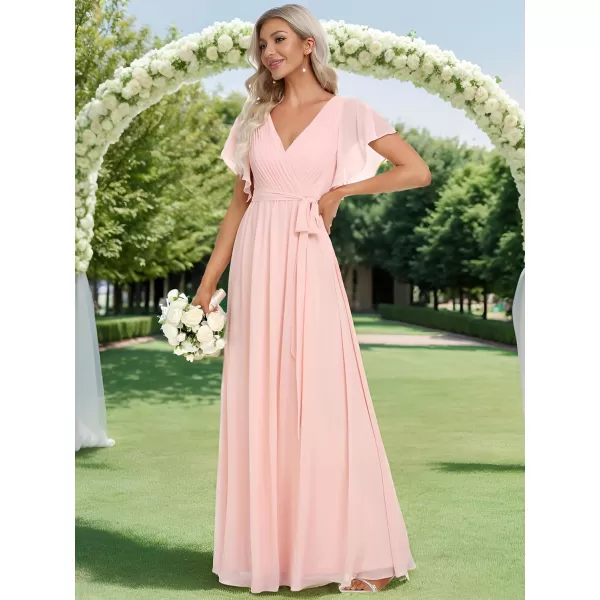 imageEverPretty Womens Bridesmaid Dress VNeck Ruffle Sleeves Ruched Bust Floor Length Chiffon Formal Dresses 0164APink