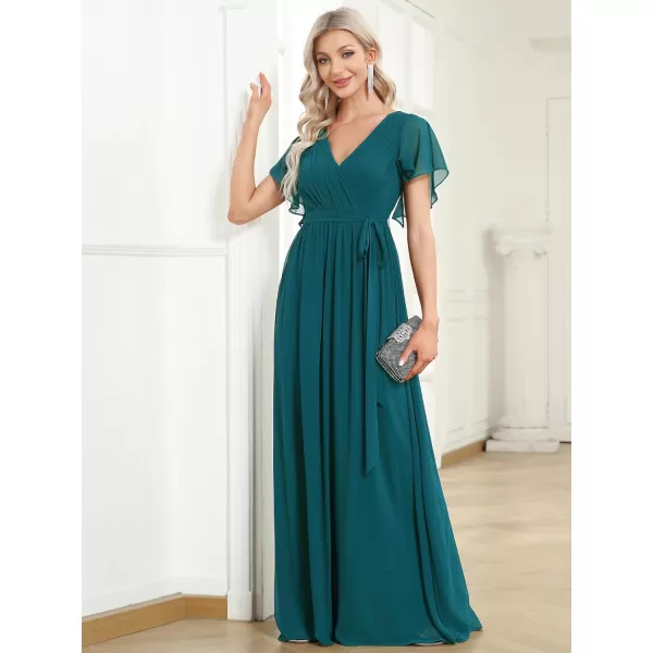 imageEverPretty Womens Bridesmaid Dress VNeck Ruffle Sleeves Ruched Bust Floor Length Chiffon Formal Dresses 0164ATeal