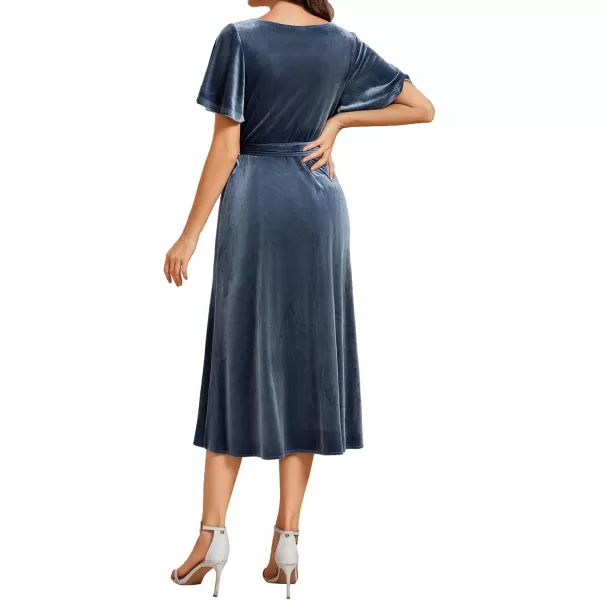 imageEverPretty Womens One Piece Velvet V Neck Short Sleeves ALine Midi Wedding Guest DressesDusty Blue