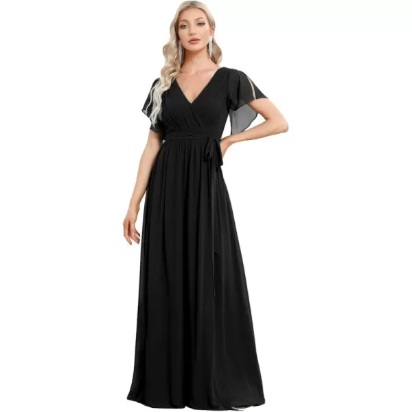 imageEverPretty Womens Bridesmaid Dress VNeck Ruffle Sleeves Ruched Bust Floor Length Chiffon Formal Dresses 0164ABlack