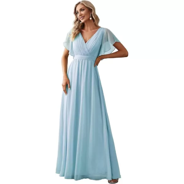 imageEverPretty Womens Bridesmaid Dress VNeck Ruffle Sleeves Ruched Bust Floor Length Chiffon Formal Dresses 0164ABlue