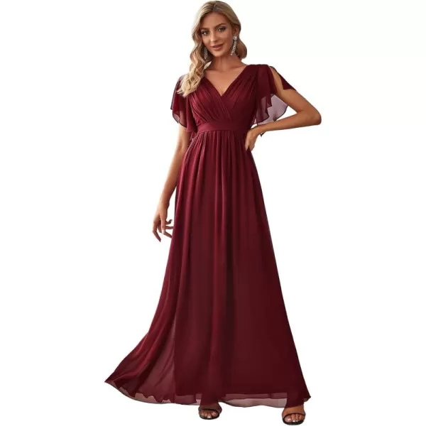 imageEverPretty Womens Bridesmaid Dress VNeck Ruffle Sleeves Ruched Bust Floor Length Chiffon Formal Dresses 0164ABurgundy