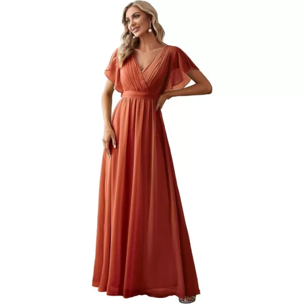 imageEverPretty Womens Bridesmaid Dress VNeck Ruffle Sleeves Ruched Bust Floor Length Chiffon Formal Dresses 0164ABurnt Orange