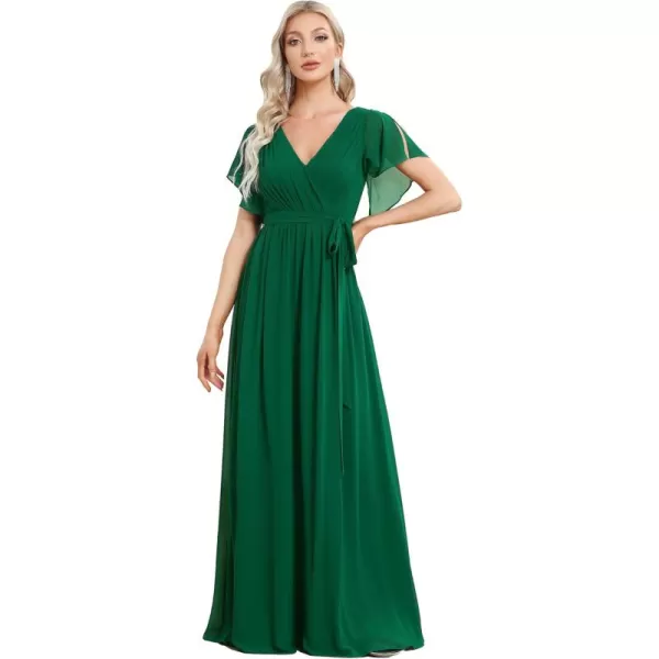 imageEverPretty Womens Bridesmaid Dress VNeck Ruffle Sleeves Ruched Bust Floor Length Chiffon Formal Dresses 0164ADark Green