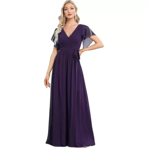 imageEverPretty Womens Bridesmaid Dress VNeck Ruffle Sleeves Ruched Bust Floor Length Chiffon Formal Dresses 0164ADark Purple