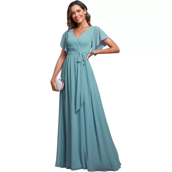 imageEverPretty Womens Bridesmaid Dress VNeck Ruffle Sleeves Ruched Bust Floor Length Chiffon Formal Dresses 0164ADusty Blue