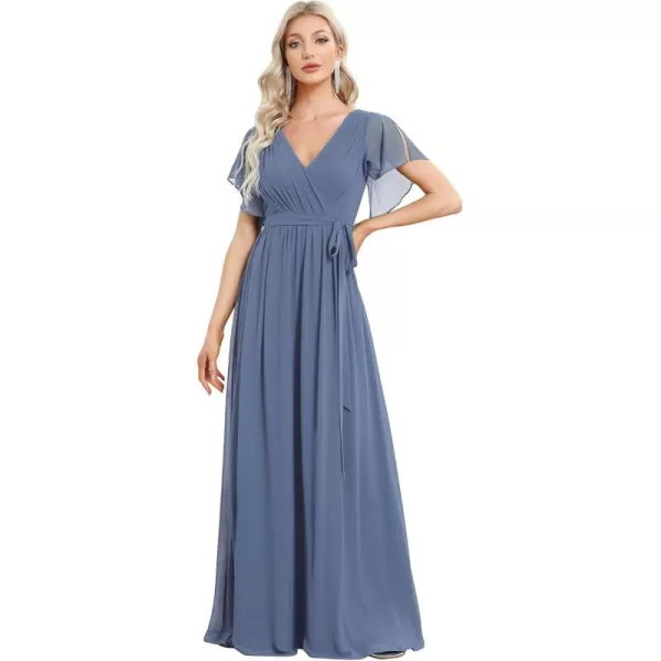 imageEverPretty Womens Bridesmaid Dress VNeck Ruffle Sleeves Ruched Bust Floor Length Chiffon Formal Dresses 0164ADusty Navy