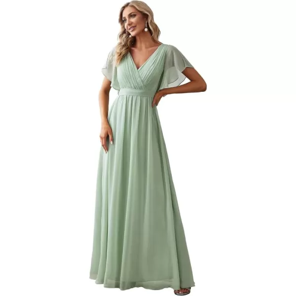 imageEverPretty Womens Bridesmaid Dress VNeck Ruffle Sleeves Ruched Bust Floor Length Chiffon Formal Dresses 0164AMint Green