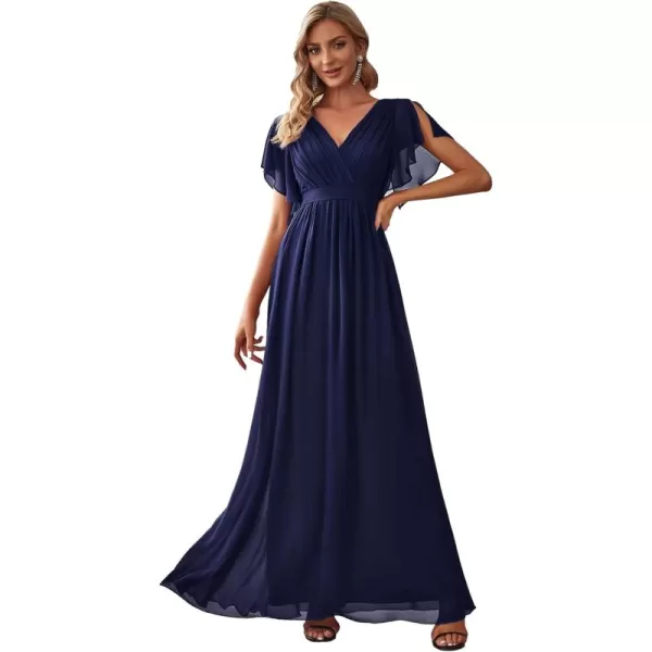 imageEverPretty Womens Bridesmaid Dress VNeck Ruffle Sleeves Ruched Bust Floor Length Chiffon Formal Dresses 0164ANavy Blue