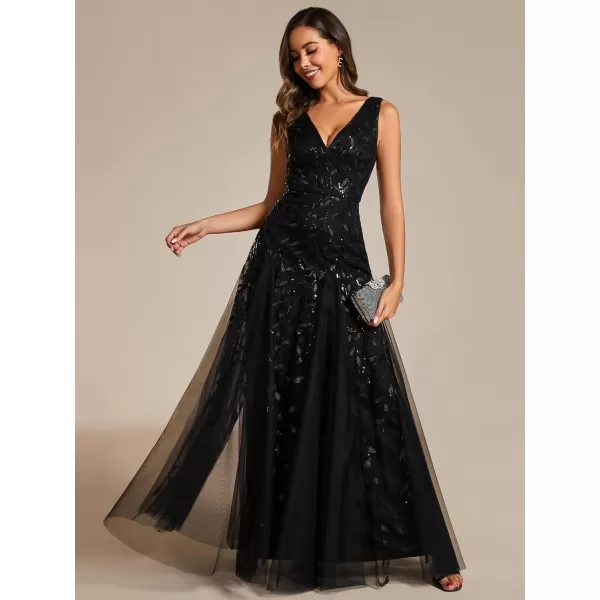 imageEverPretty Womens Formal Dress V Neck Sleeveless Tulle Hem ALine Sequins Maxi Evening Dress 02130Black