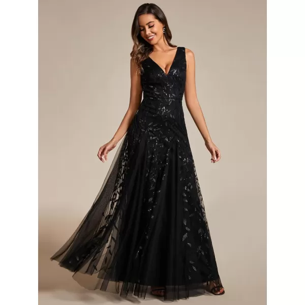 imageEverPretty Womens Formal Dress V Neck Sleeveless Tulle Hem ALine Sequins Maxi Evening Dress 02130Black