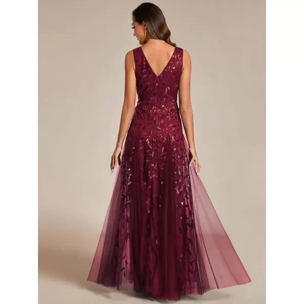 imageEverPretty Womens Formal Dress V Neck Sleeveless Tulle Hem ALine Sequins Maxi Evening Dress 02130Burgundy