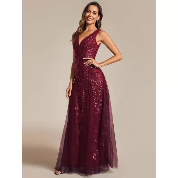 imageEverPretty Womens Formal Dress V Neck Sleeveless Tulle Hem ALine Sequins Maxi Evening Dress 02130Burgundy