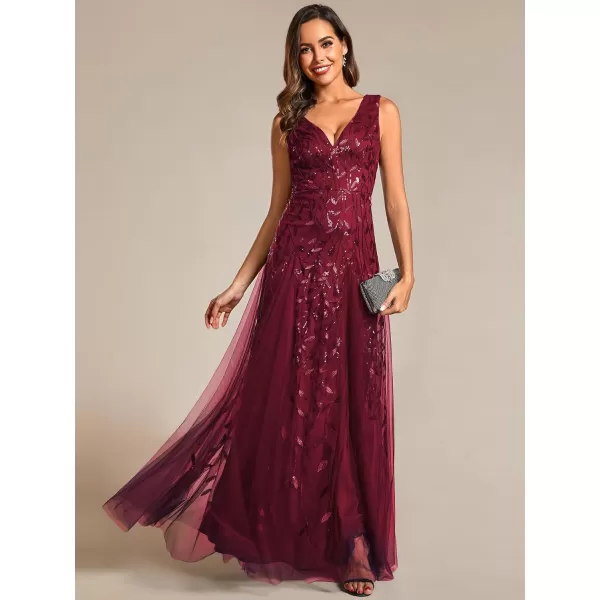 imageEverPretty Womens Formal Dress V Neck Sleeveless Tulle Hem ALine Sequins Maxi Evening Dress 02130Burgundy