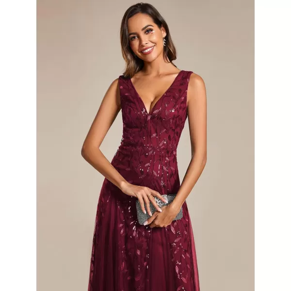 imageEverPretty Womens Formal Dress V Neck Sleeveless Tulle Hem ALine Sequins Maxi Evening Dress 02130Burgundy