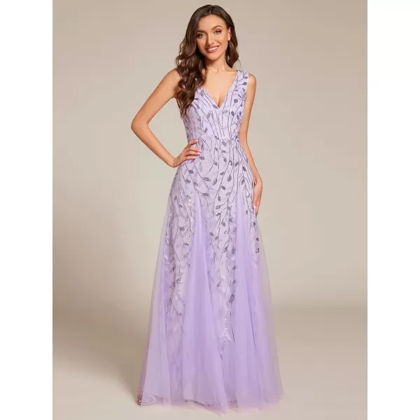 imageEverPretty Womens Formal Dress V Neck Sleeveless Tulle Hem ALine Sequins Maxi Evening Dress 02130Lavender