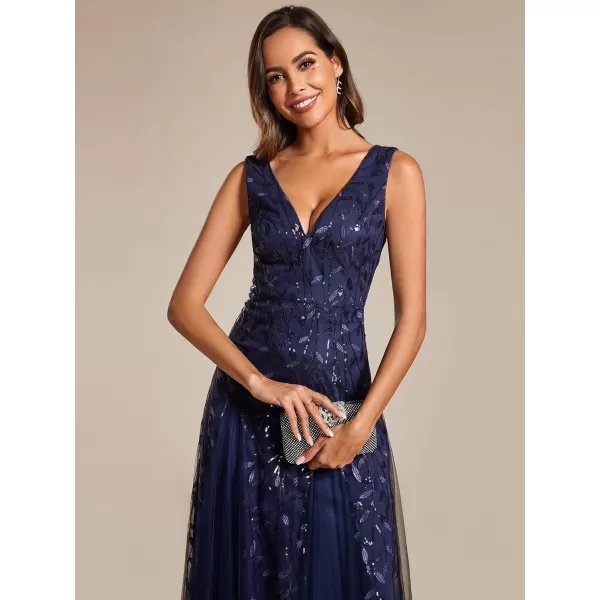 imageEverPretty Womens Formal Dress V Neck Sleeveless Tulle Hem ALine Sequins Maxi Evening Dress 02130Navy Blue