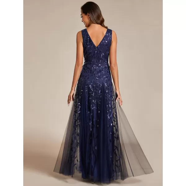 imageEverPretty Womens Formal Dress V Neck Sleeveless Tulle Hem ALine Sequins Maxi Evening Dress 02130Navy Blue