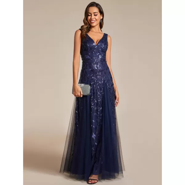 imageEverPretty Womens Formal Dress V Neck Sleeveless Tulle Hem ALine Sequins Maxi Evening Dress 02130Navy Blue