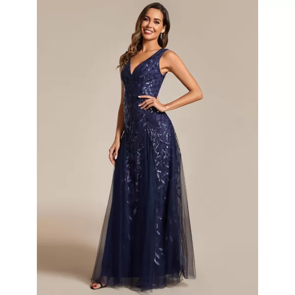 imageEverPretty Womens Formal Dress V Neck Sleeveless Tulle Hem ALine Sequins Maxi Evening Dress 02130Navy Blue