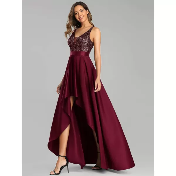 imageEverPretty Womens Glitter VNeck Aline HighLow Satin Prom Dress Wedding Guest Dresses for Women 00667Burgundy