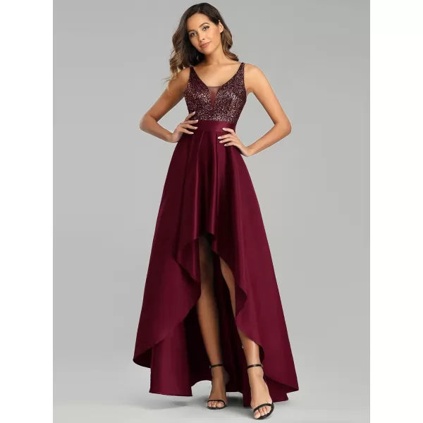 imageEverPretty Womens Glitter VNeck Aline HighLow Satin Prom Dress Wedding Guest Dresses for Women 00667Burgundy