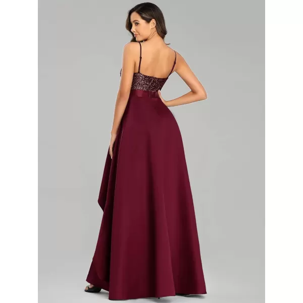 imageEverPretty Womens Glitter VNeck Aline HighLow Satin Prom Dress Wedding Guest Dresses for Women 00667Burgundy