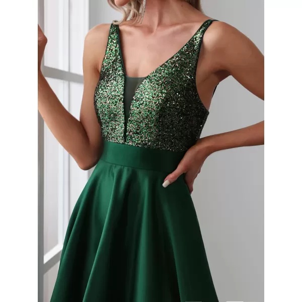 imageEverPretty Womens Glitter VNeck Aline HighLow Satin Prom Dress Wedding Guest Dresses for Women 00667Dark Green