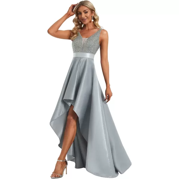 imageEverPretty Womens Glitter VNeck Aline HighLow Satin Prom Dress Wedding Guest Dresses for Women 00667Grey